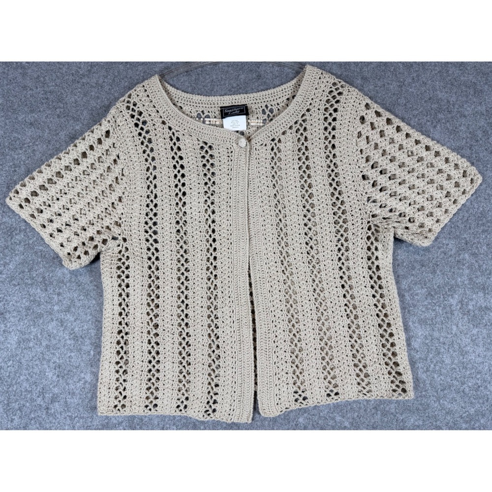 Southern Lady Crochet Cardigan Womens Medium Beige Excellent Vintage Open Knit